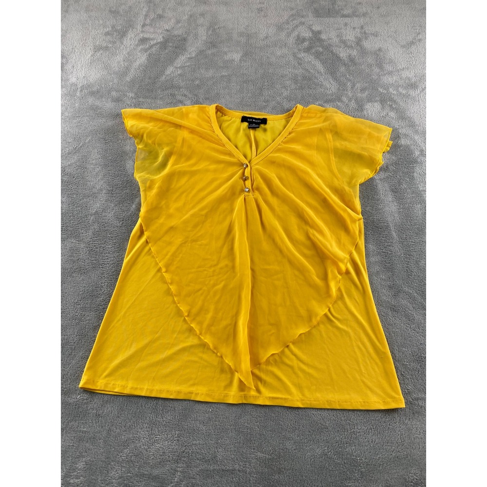 Liz McCoy Yellow Ruffle Front V-Neck Blouse Rhinestone Buttons XL 11606